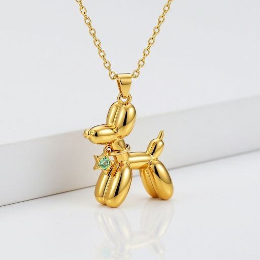 Custom Stainless Steel Balloon Dog Pendant Necklace with Green Zirconia Star Charm